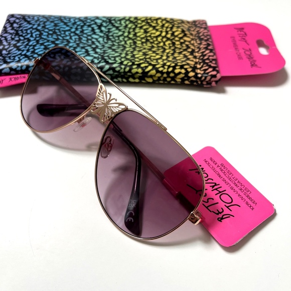 New Original BETSEY JOHNSON Butterfly Aviator Sunglasses + Pouch Gold Metal - Picture 8 of 8